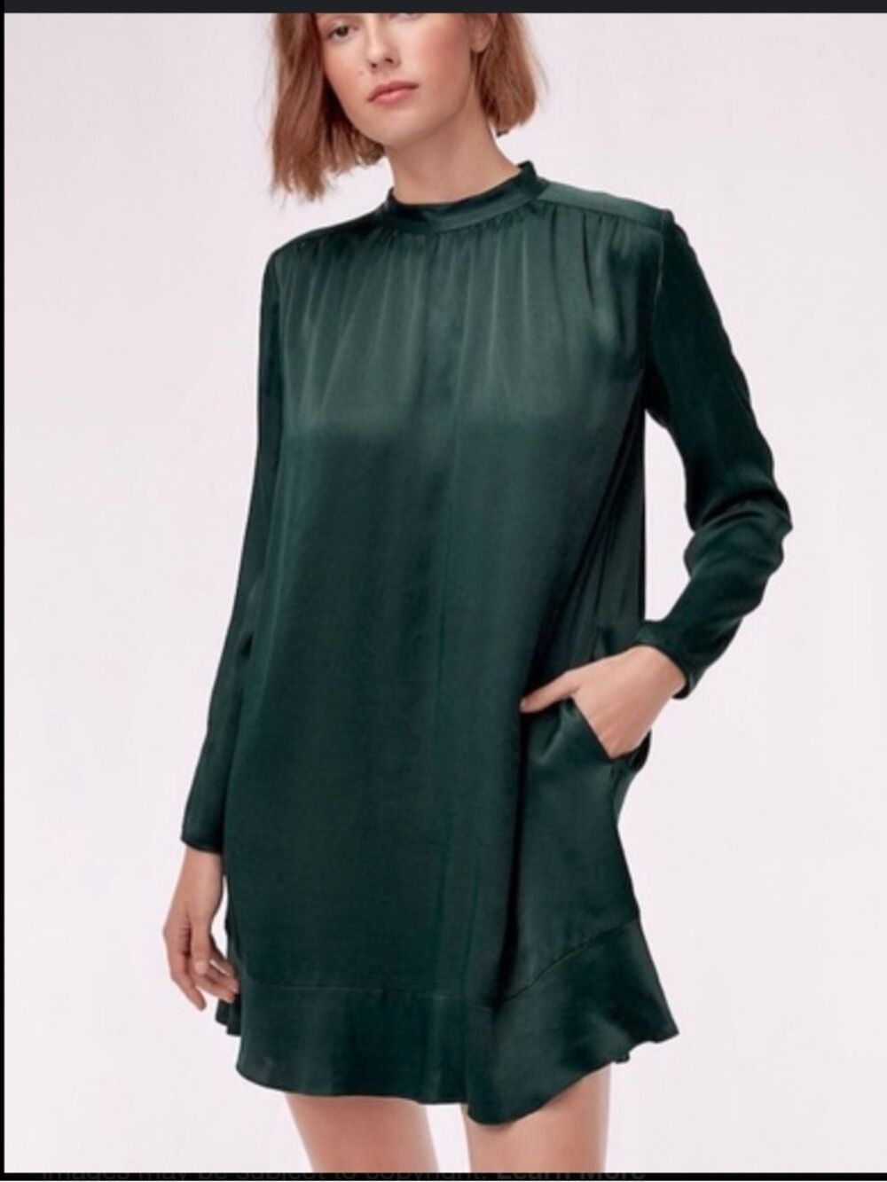 Little Moon Forest Green Long Sleeve Silky Shift Dress size Medium